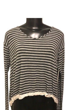 Medium Soprano Gray Striped Long Sleeve Split Back Women's Top Long Sleeve